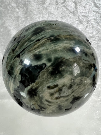Ocean Jasper Sphere. 69mm. Very Cool Green Druzy. Stunning And Unique Display Sphere.