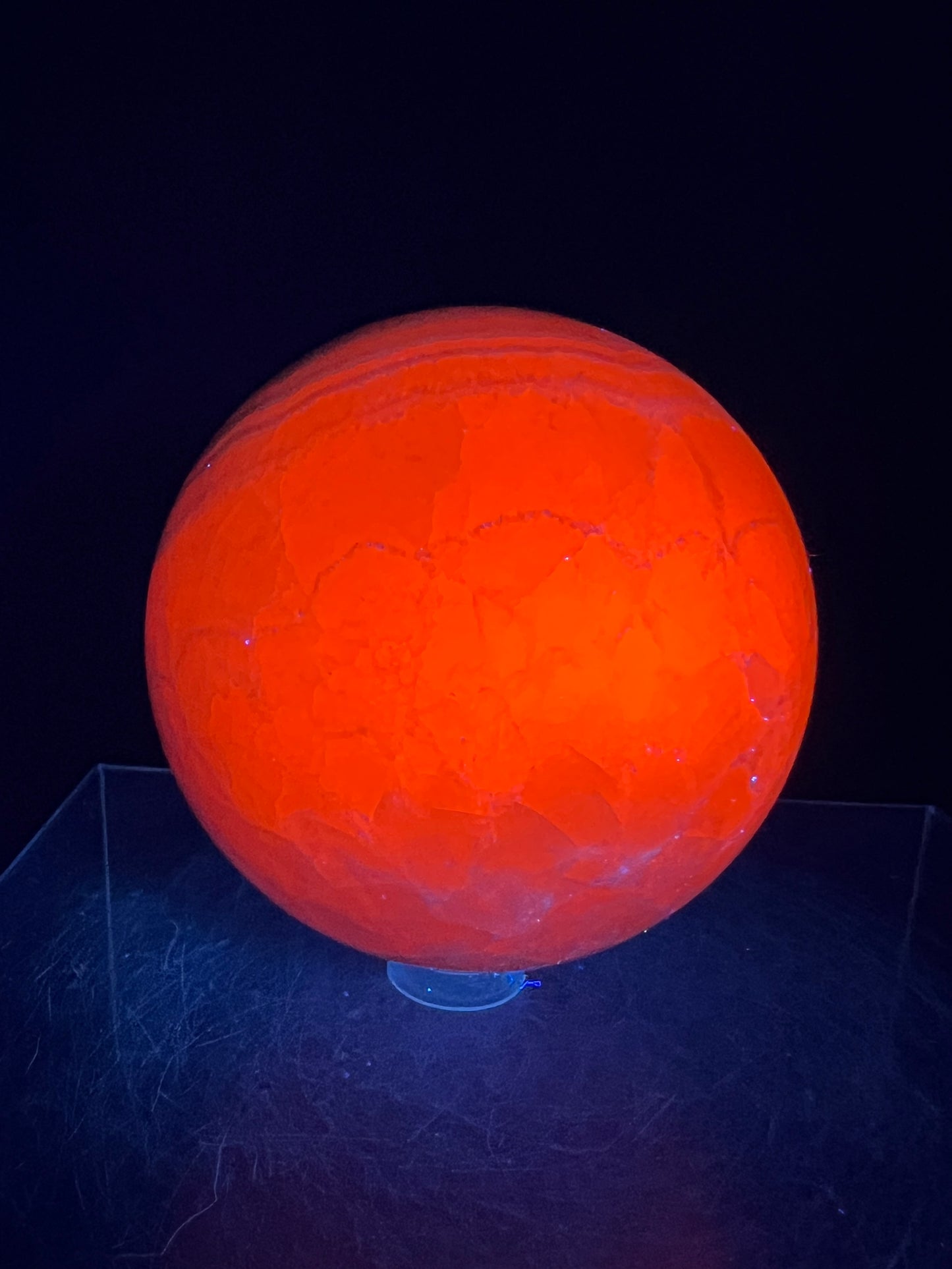 Mangano Calcite Sphere. 72mm. Very Intense Orange UV Reaction. Large High Quality Display Crystal From Peru.