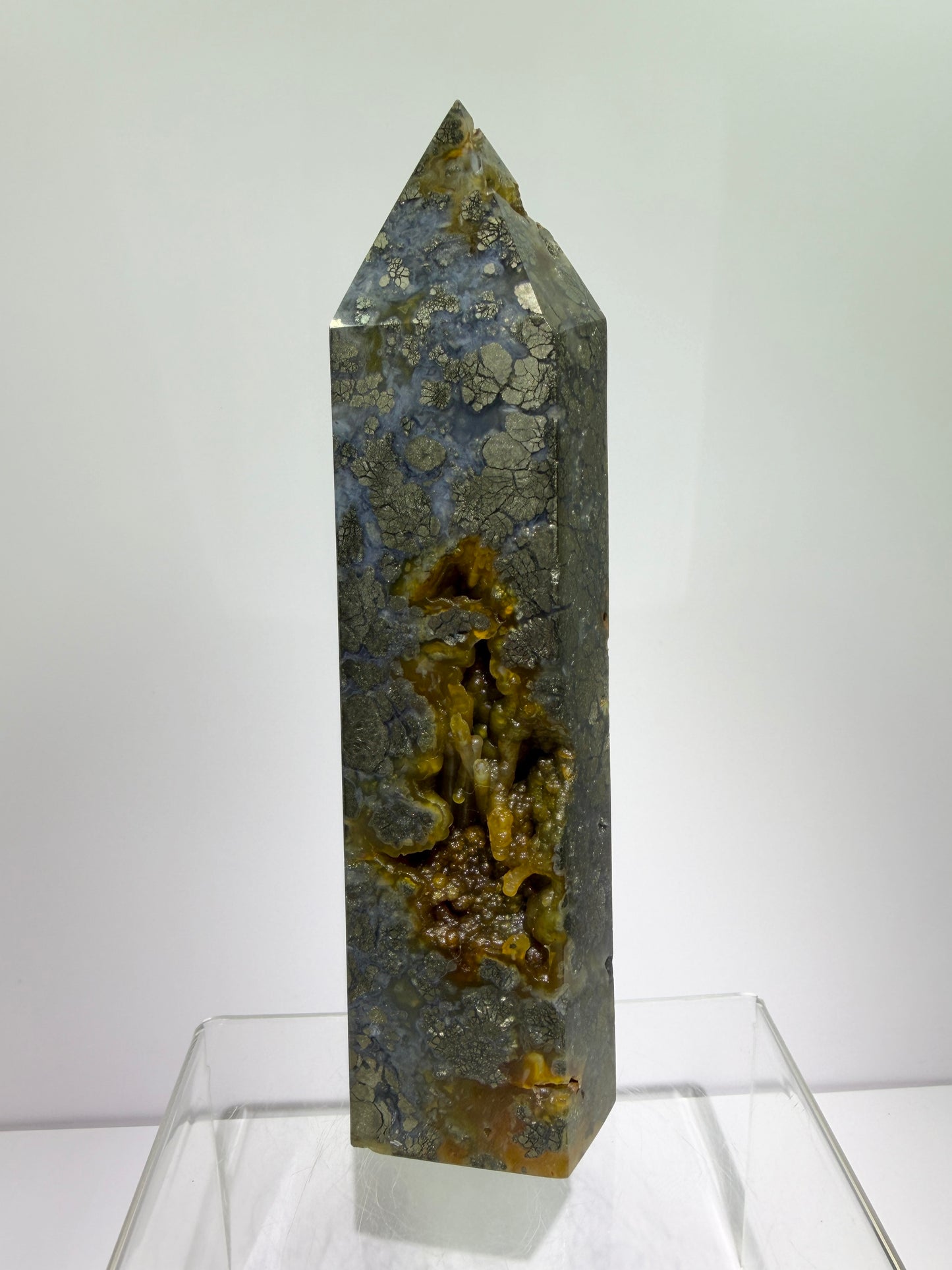 Pyrite And Chalcedony Druzy Tower. 6.75 Inches. Beautiful Display Tower With Stunning Druzy