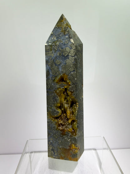 Pyrite And Chalcedony Druzy Tower. 6.75 Inches. Beautiful Display Tower With Stunning Druzy
