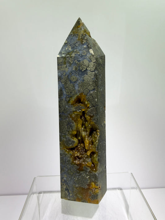Pyrite And Chalcedony Druzy Tower. 6.75 Inches. Beautiful Display Tower With Stunning Druzy