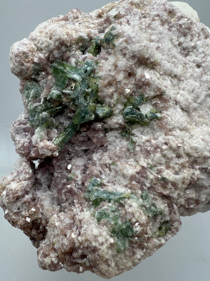 Lepidolite and Green Tourmaline Specimen. Gorgeous Mineral Cluster From Brazil. Lots Of Flash And Crystallization. Beautiful Color Contrasts.