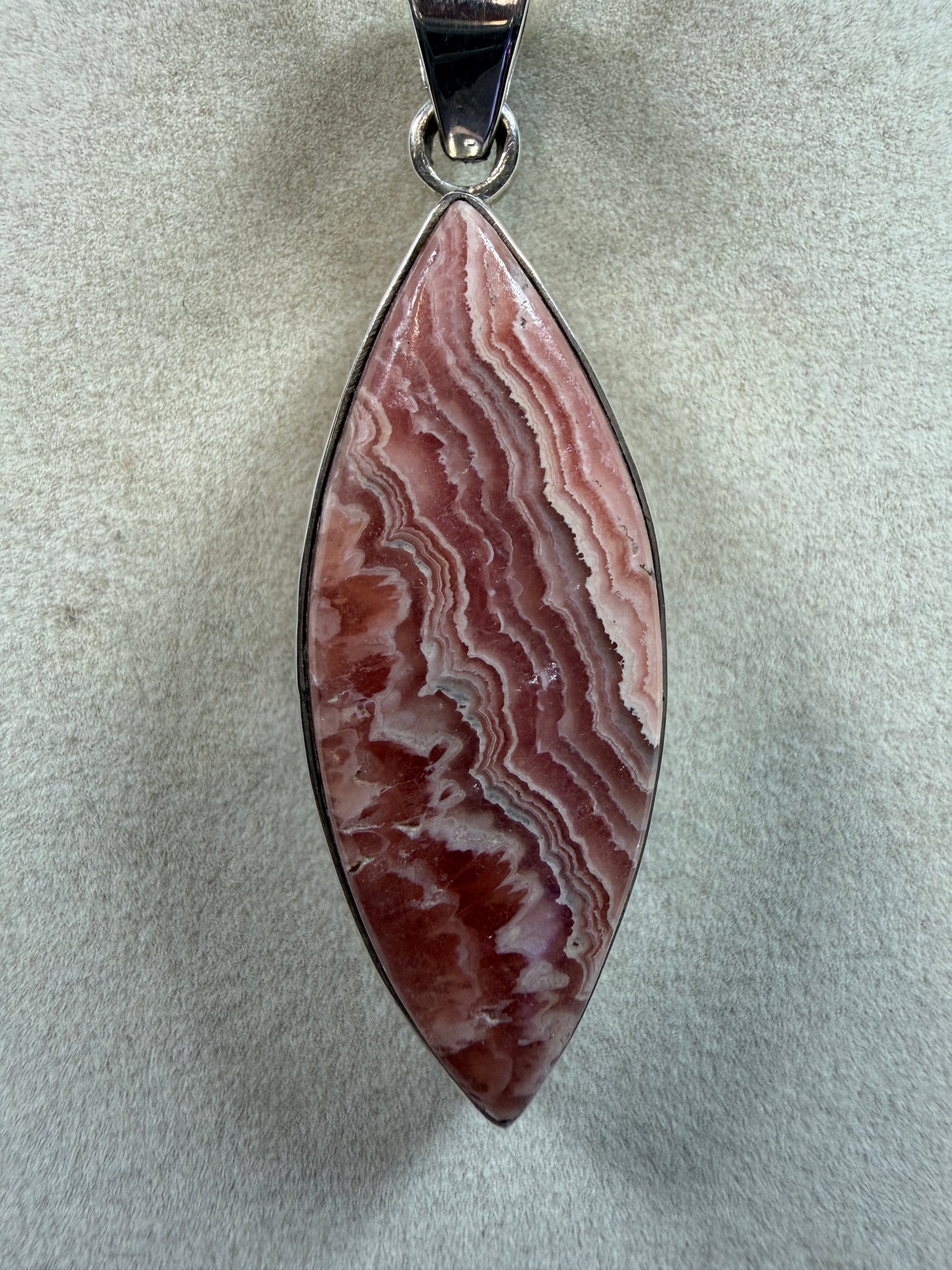 Rhodochrosite Crystal Pendant. S925 Silver Setting. Amazing Colors And Banding. High Quality Crystal Jewelry
