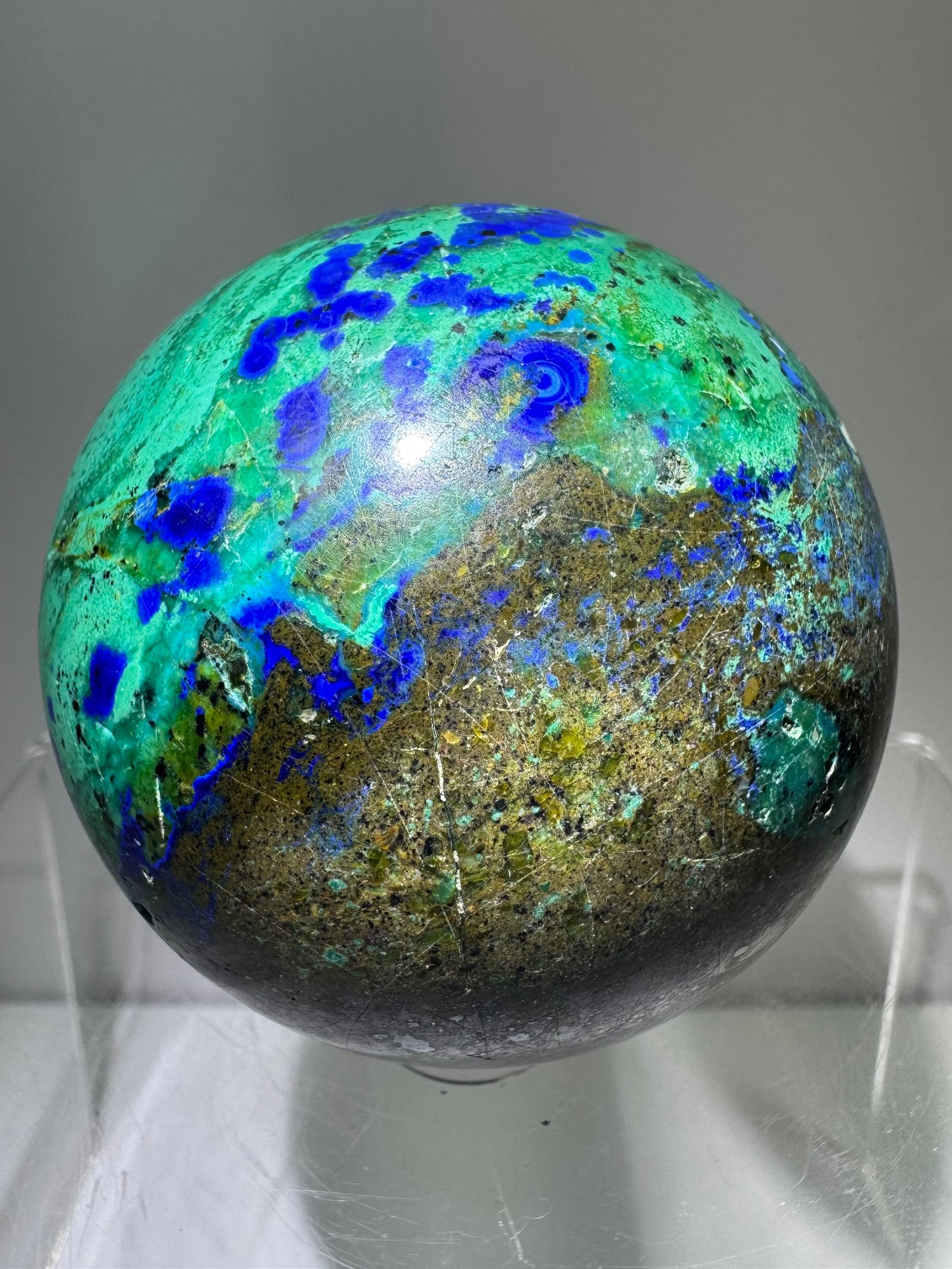 Azurite and Malachite Crystal Sphere. 61mm. Beautiful Deep Colors And Patterns. Stunning Rare Display Piece!