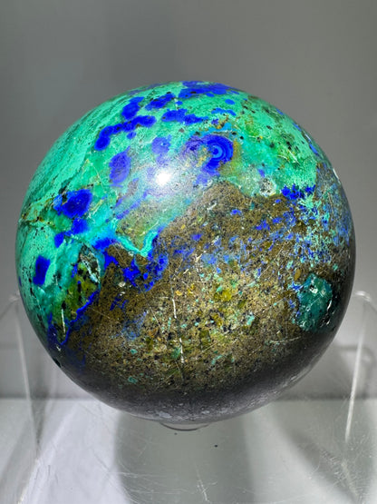 Azurite and Malachite Crystal Sphere. 61mm. Beautiful Deep Colors And Patterns. Stunning Rare Display Piece!
