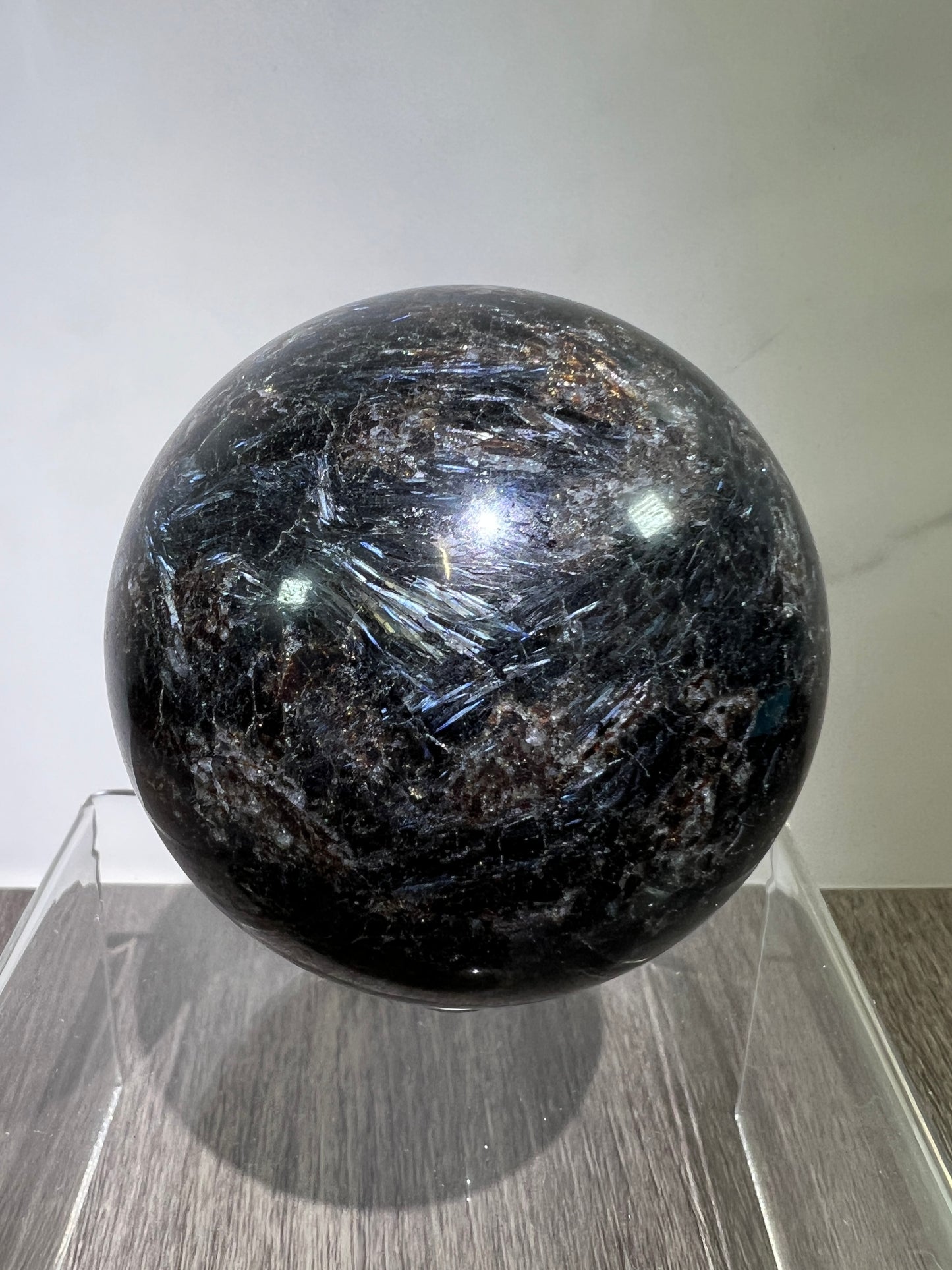 Arfvedsonite Crystal Sphere. 70mm. Flashy Blue Fireworks Jasper Sphere. Large Display Sphere With Great Flash