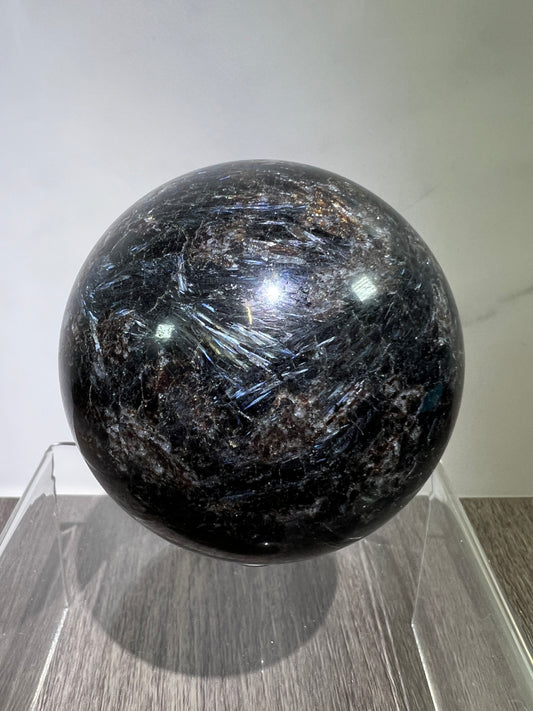 Arfvedsonite Crystal Sphere. 70mm. Flashy Blue Fireworks Jasper Sphere. Large Display Sphere With Great Flash