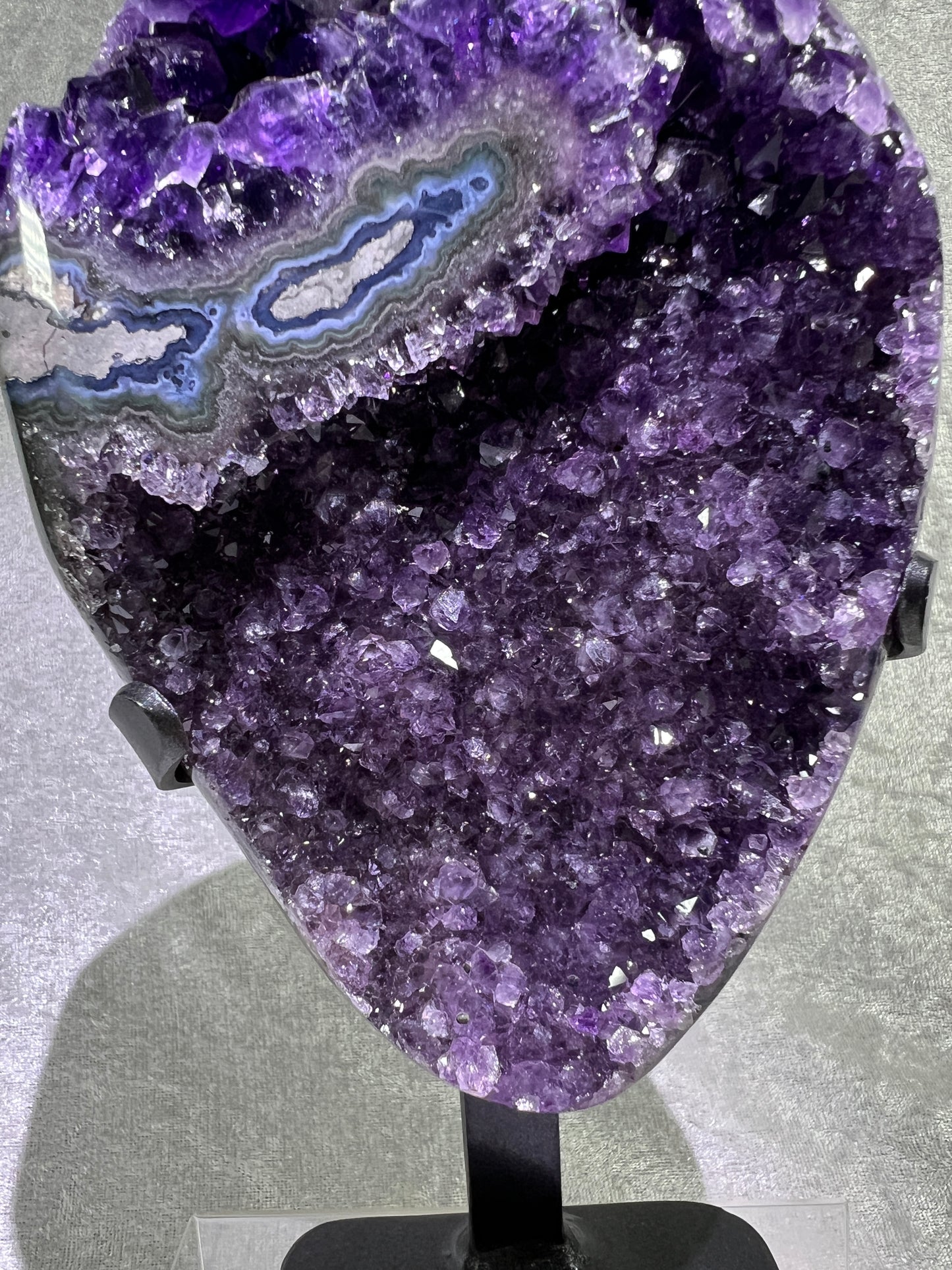 Amethyst Geode Specimen. World Class Uruguayan Specimen. Stunning Top Quality Statement Piece! Custom Made Steel Stand