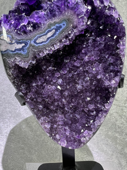 Amethyst Geode Specimen. World Class Uruguayan Specimen. Stunning Top Quality Statement Piece! Custom Made Steel Stand