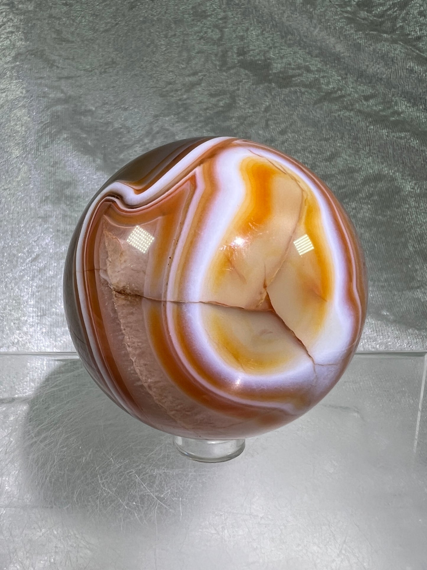 Carnelian Agate Sphere. 63mm. Gorgeous High Quality Display Sphere. Incredible Colors And Banding