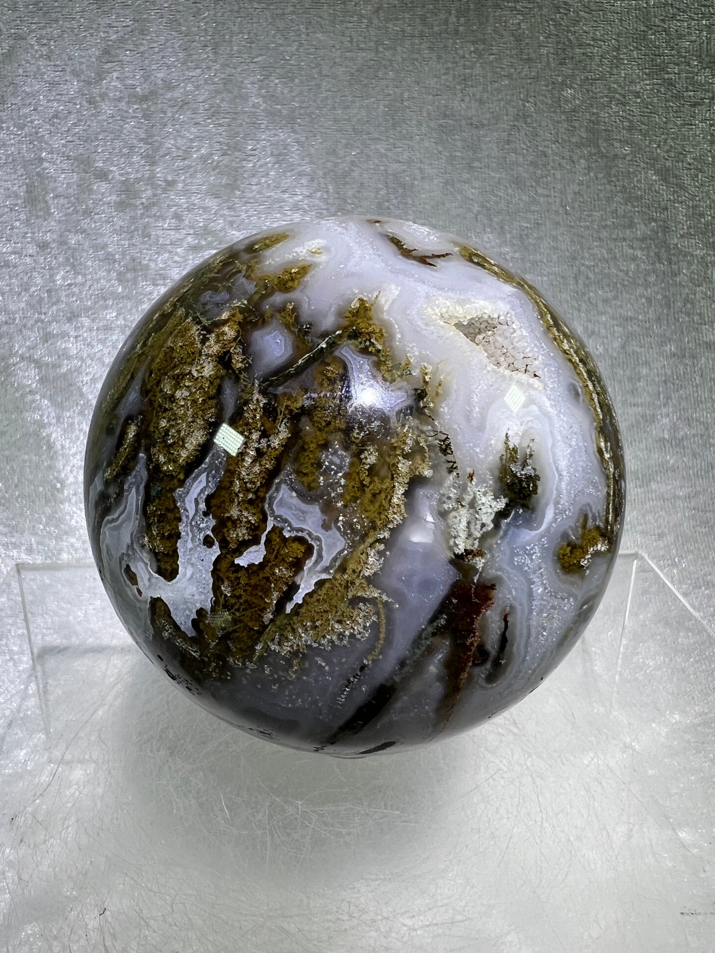 Moss Agate Sphere. 76mm. Amazing Druzy Scenic Moss Agate. Rare Colors With Gorgeous Patterns.