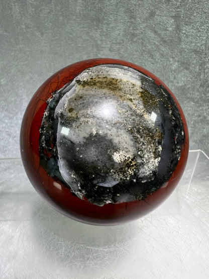 African Bloodstone Sphere From Swaziland. 63mm. Gorgeous Pyrite And Red Jasper Inclusions With Crazy Mosaic Patterns And Colors.