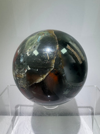 African Bloodstone Sphere From Swaziland. 66mm. Gorgeous Pyrite And Red Jasper Inclusions With Crazy Mosaic Patterns And Colors.