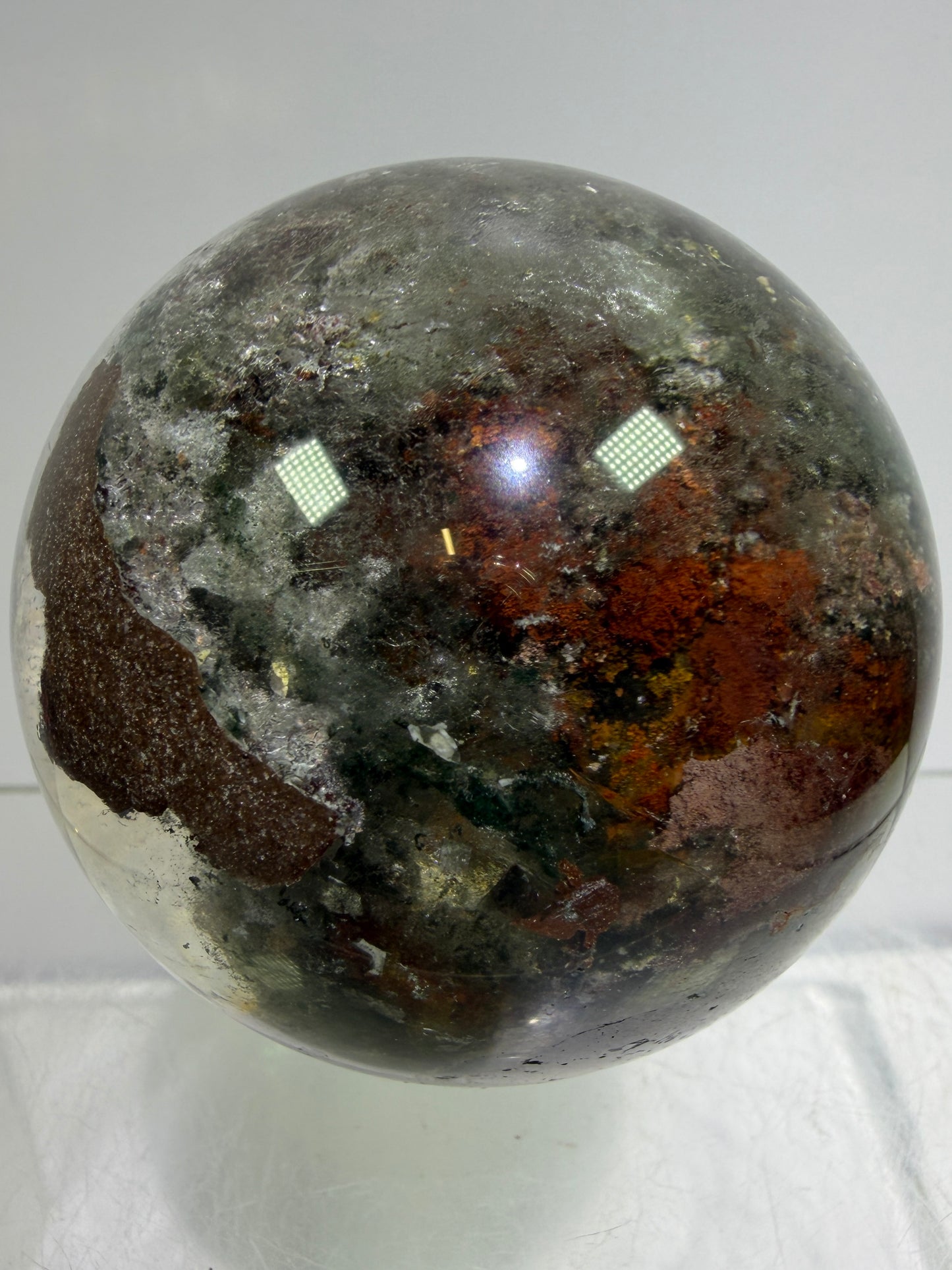 Garden Quartz Lodolite Sphere. 57mm. Orange And Red Colorful Landscape. High Quality With Rare Colors!