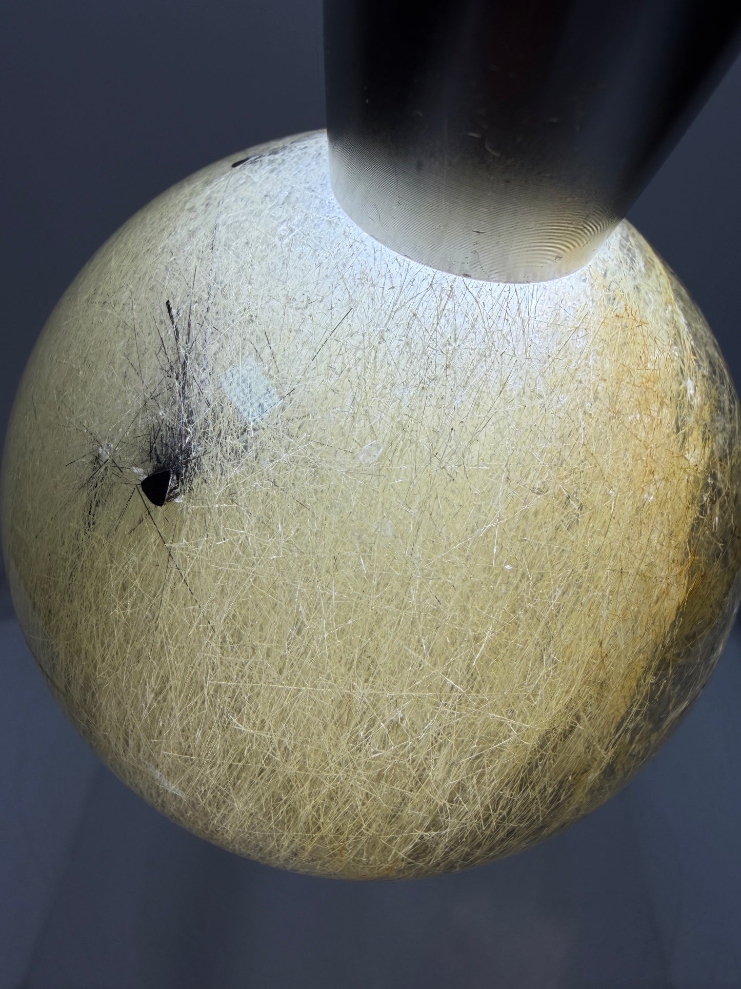 Black Tourmaline And Rabbit Hair Quartz Sphere. 70mm. Stunning Rabbit Hair Rutile With Black Tourmaline Inclusions. Very Rare Display Sphere.
