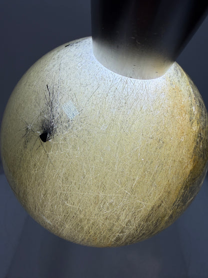 Black Tourmaline And Rabbit Hair Quartz Sphere. 70mm. Stunning Rabbit Hair Rutile With Black Tourmaline Inclusions. Very Rare Display Sphere.