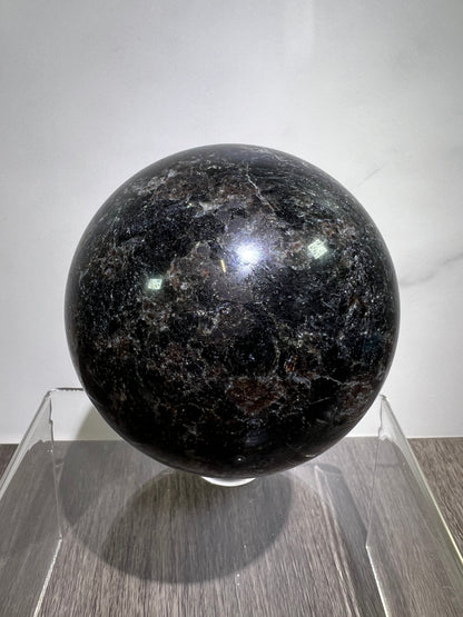 Arfvedsonite Crystal Sphere. 70mm. Flashy Blue Fireworks Jasper Sphere. Large Display Sphere With Great Flash
