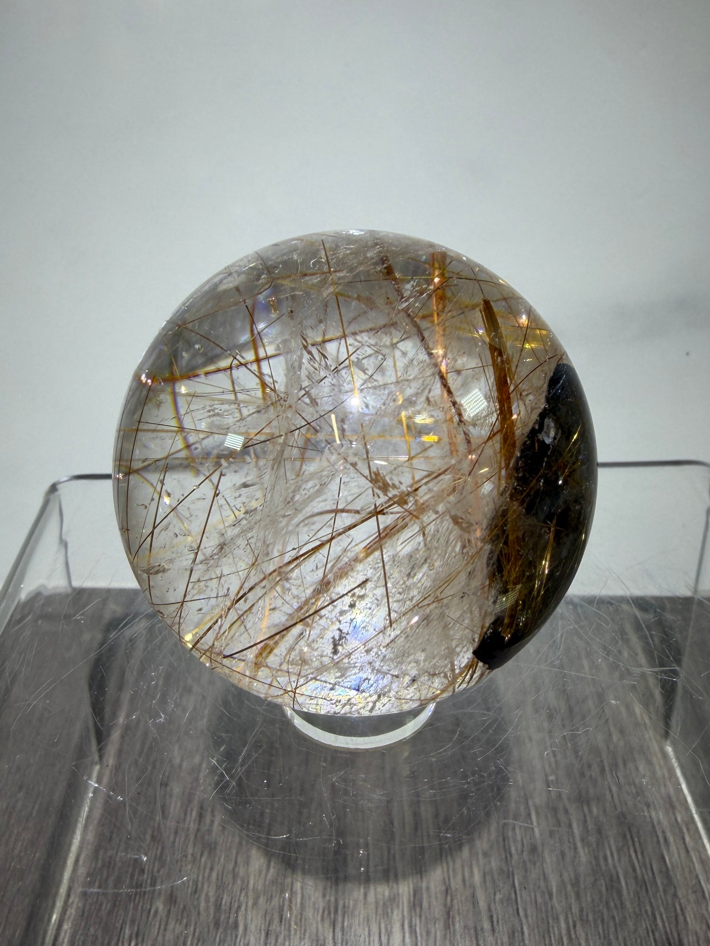 Copper Rutile Quartz Sphere. Stunning Hematite Slab And Rutile Inclusions. Amazing Rare Display Sphere