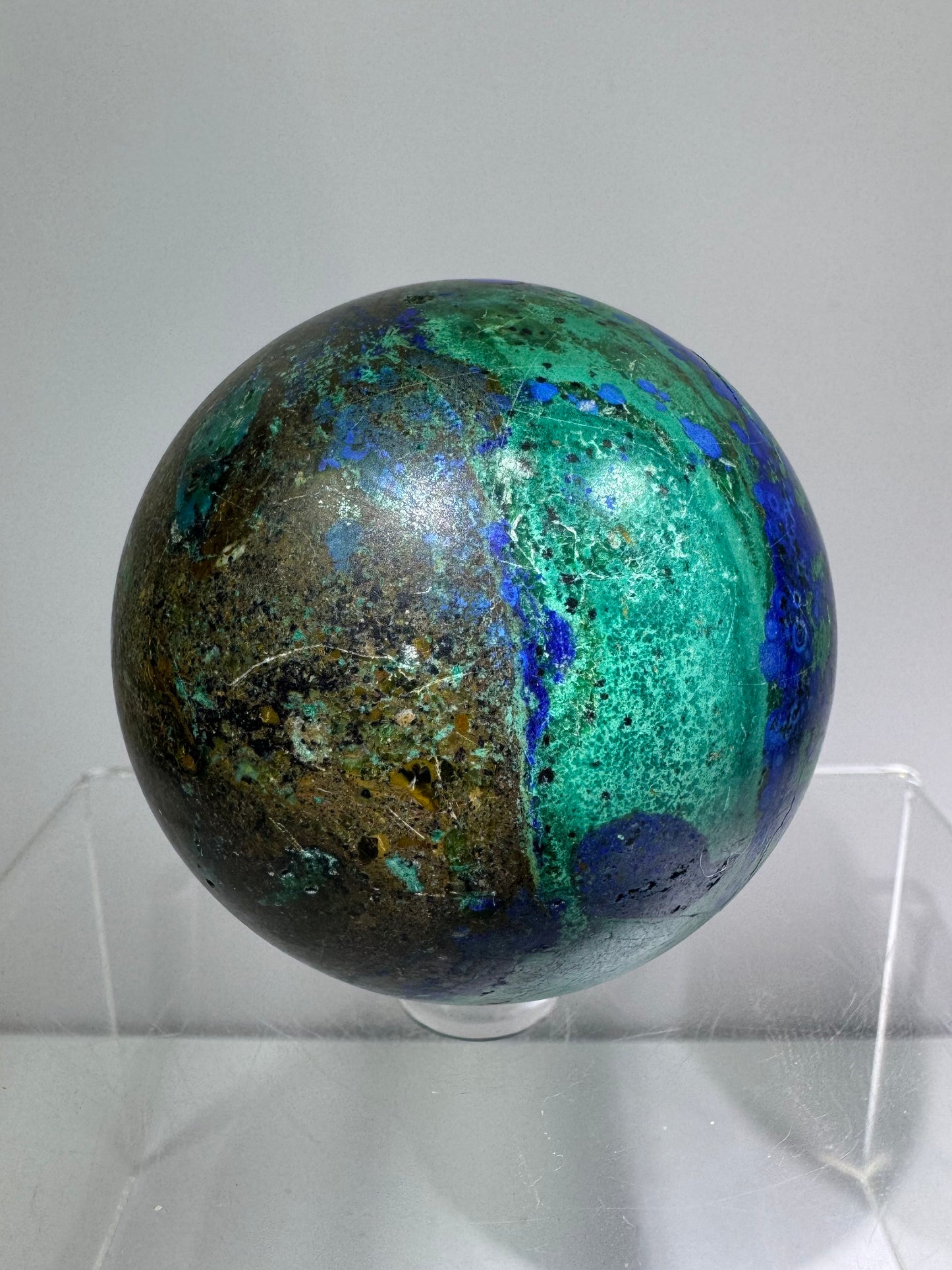 Azurite and Malachite Crystal Sphere. 61mm. Beautiful Deep Colors And Patterns. Stunning Rare Display Piece!