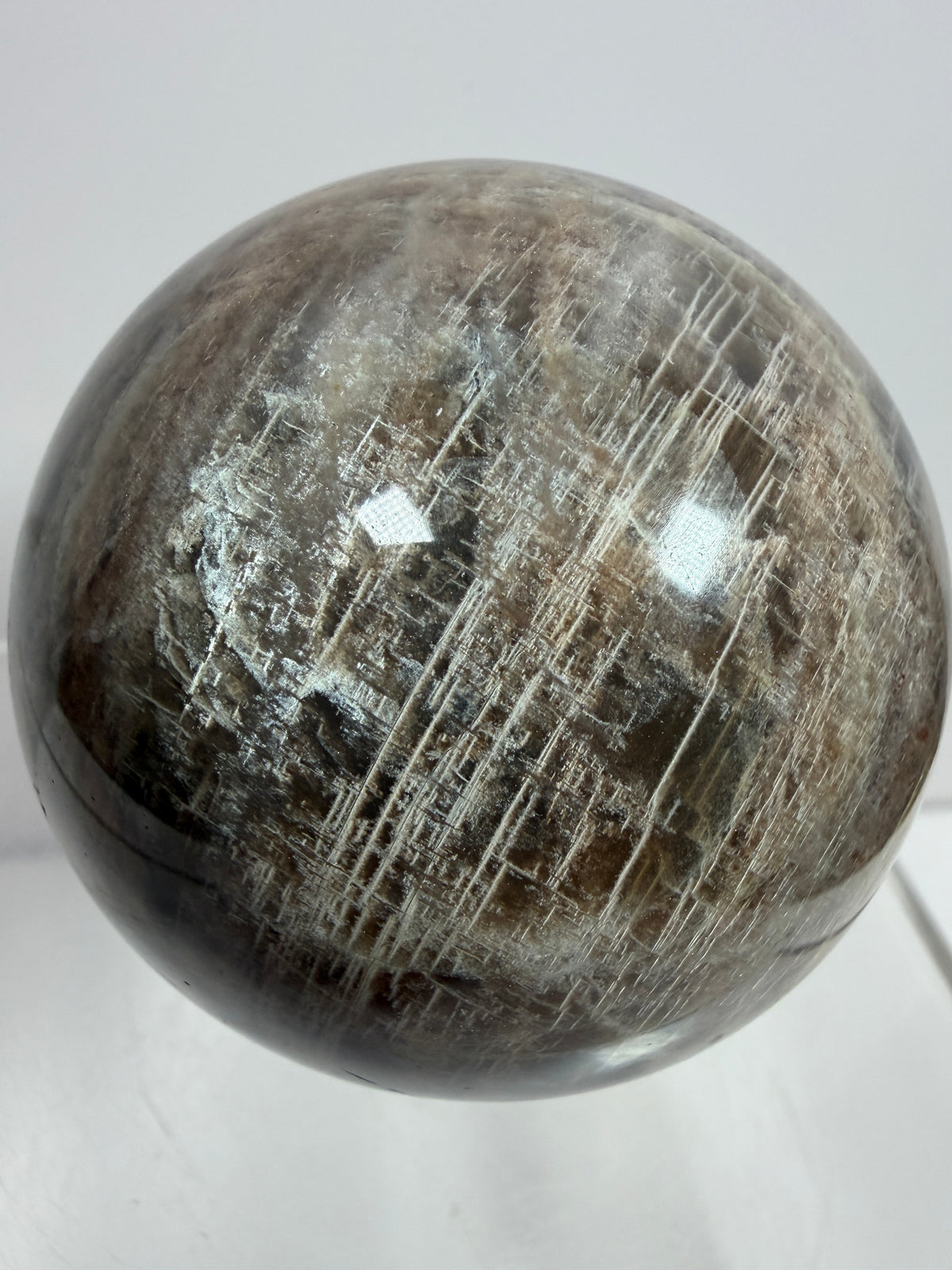 Black Moonstone Crystal Sphere. 55mm. Stunning Bright Silver Flash. High Quality Display Sphere