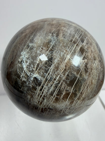 Black Moonstone Crystal Sphere. 55mm. Stunning Bright Silver Flash. High Quality Display Sphere