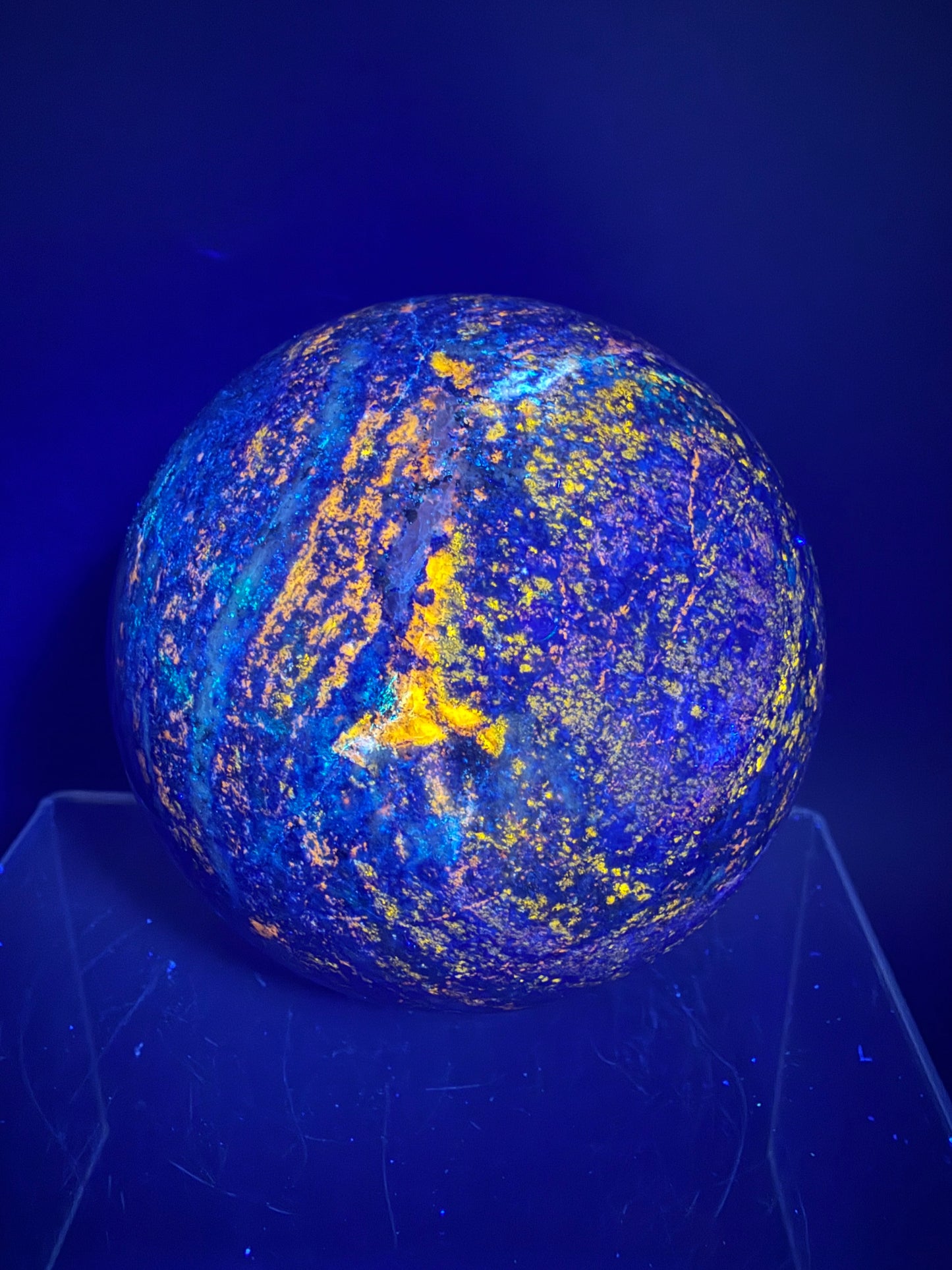 Lapis Lazuli Crystal Sphere. 74mm. Very High Quality Sphere. Stunning Shades Of Bright Blue With Gorgeous Pyrite Inclusions.