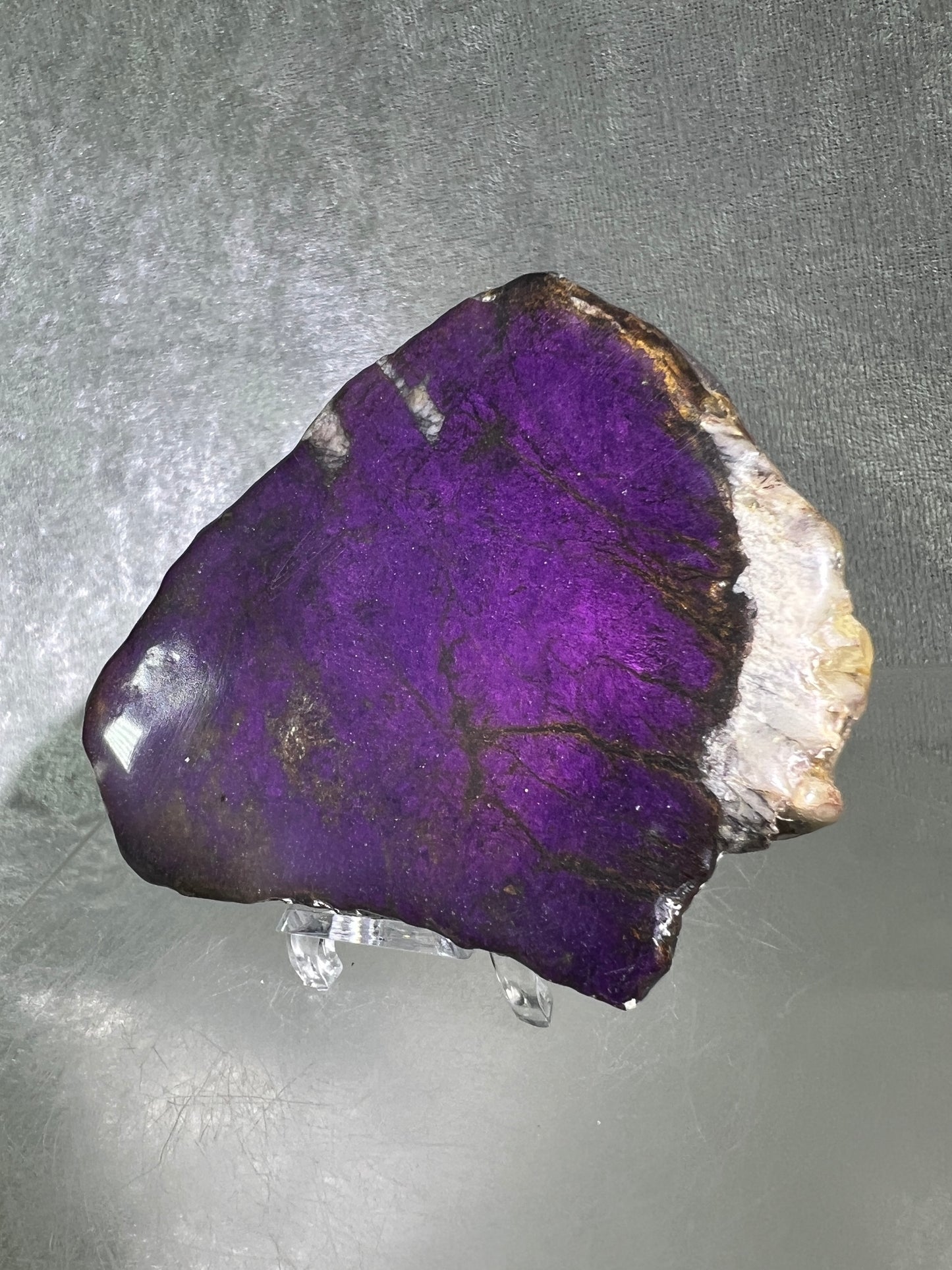 Purpurite Crystal Slab. Stunning Purpurite Freeform With A Resin Coating. Gorgeous Intense Purple Flash!