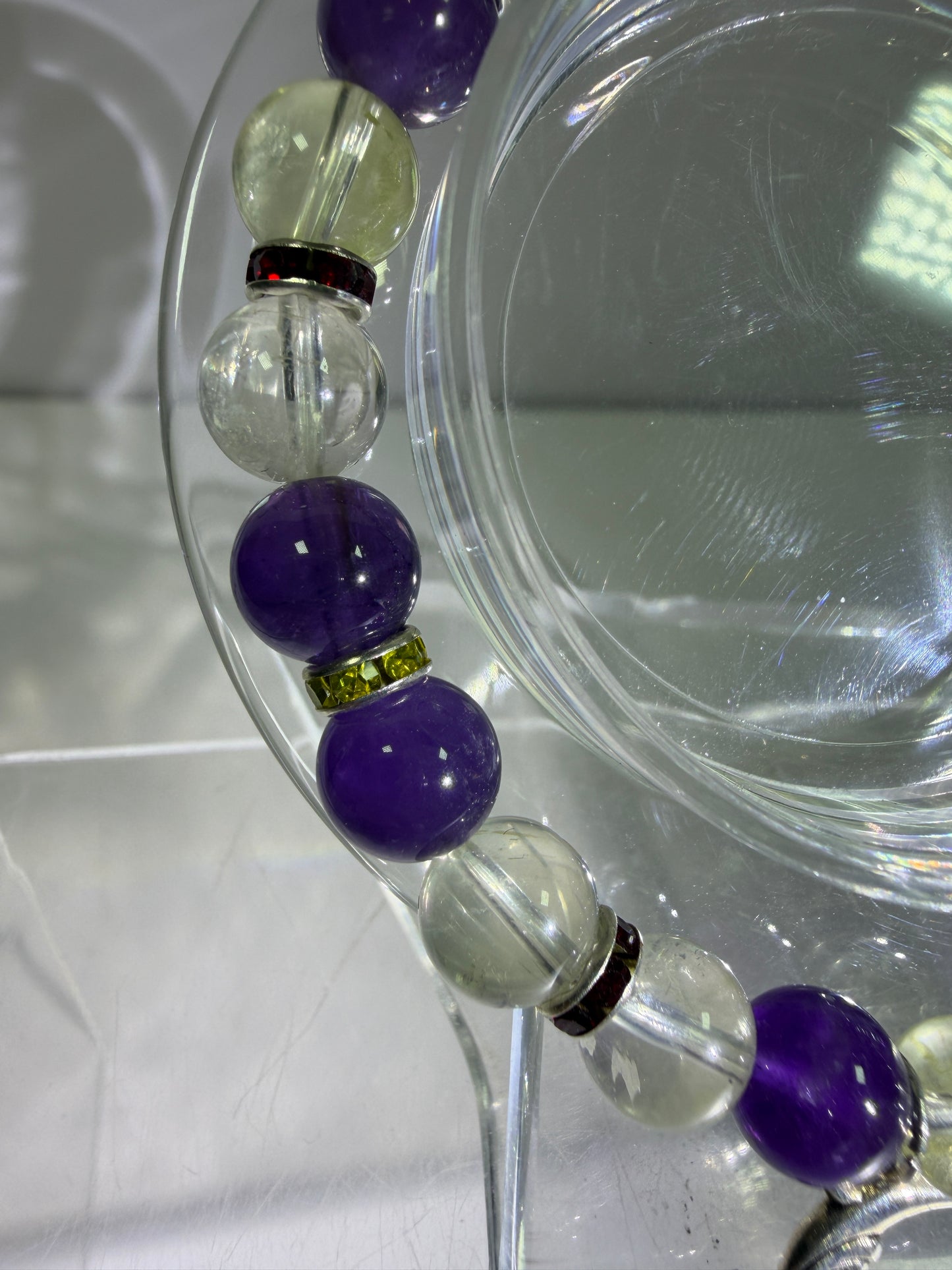 Amethyst And Citrine Crystal Bead Bracelet. 8mm. High Quality Bracelet With Amazing Spacers And Moon Charm.