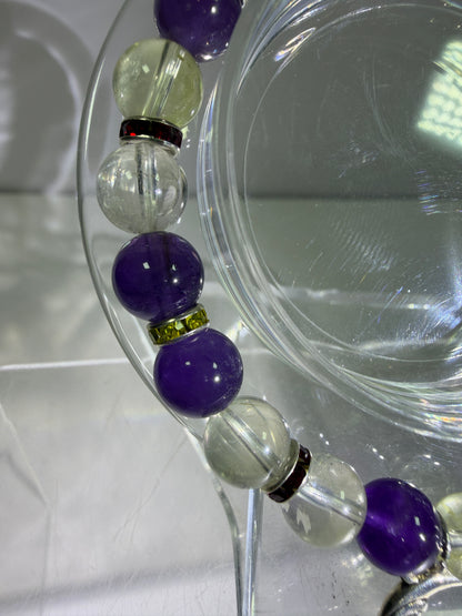Amethyst And Citrine Crystal Bead Bracelet. 8mm. High Quality Bracelet With Amazing Spacers And Moon Charm.