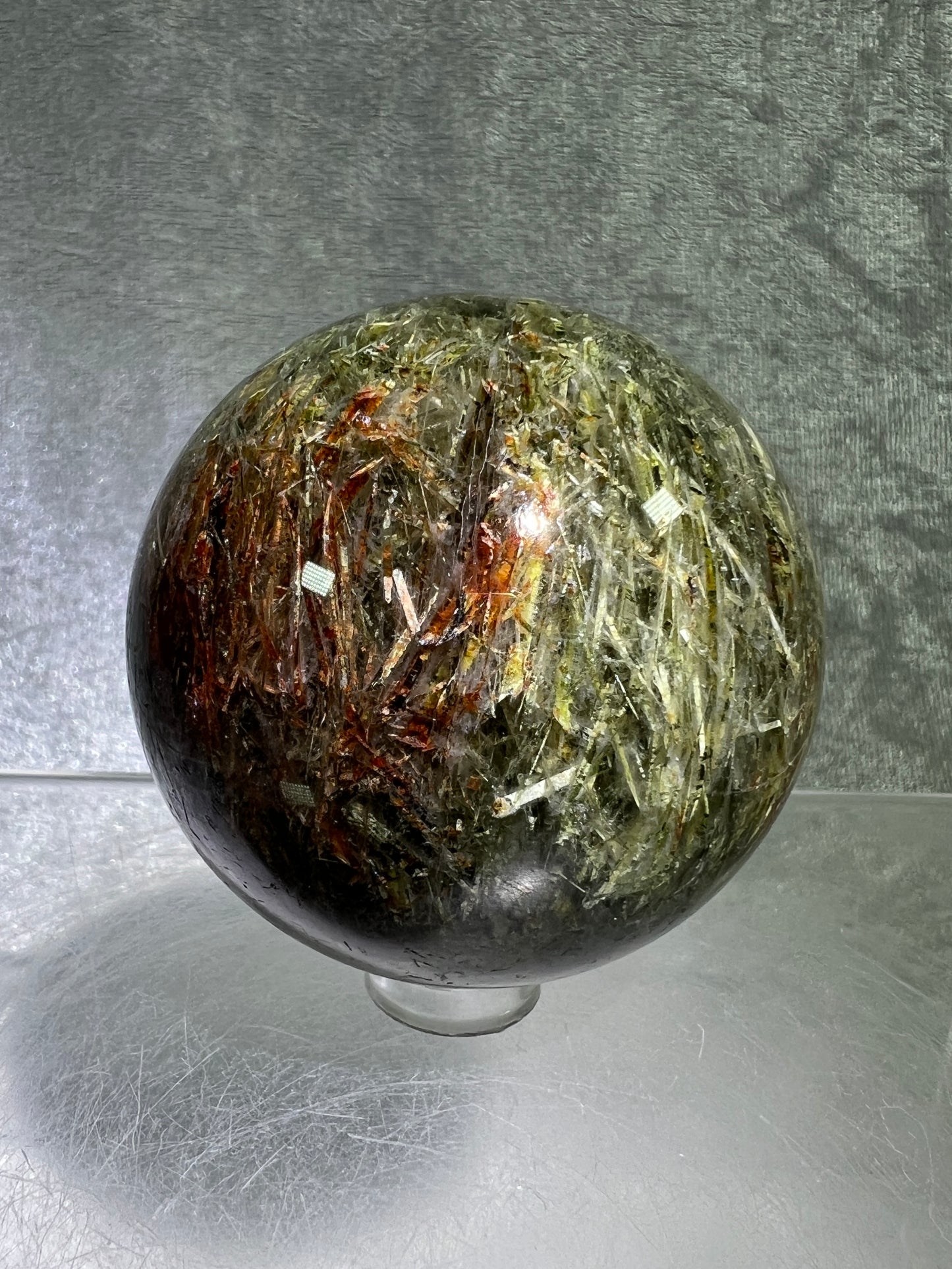 Tourmalinated Quartz Sphere. 57mm. Gorgeous Green And Red Tourmaline Inclusions. High Quality Rare Display Sphere.