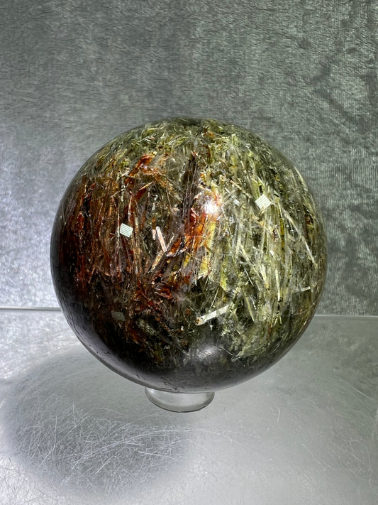 Tourmalinated Quartz Sphere. 57mm. Gorgeous Green And Red Tourmaline Inclusions. High Quality Rare Display Sphere.