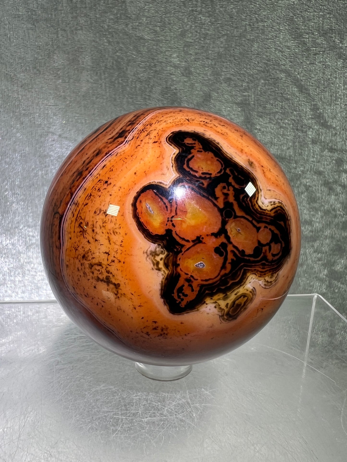 Silk Agate Sphere. 64mm. Amazing Banded Agate From Madagascar. Gorgeous Colors And Patterns On This Display Sphere.