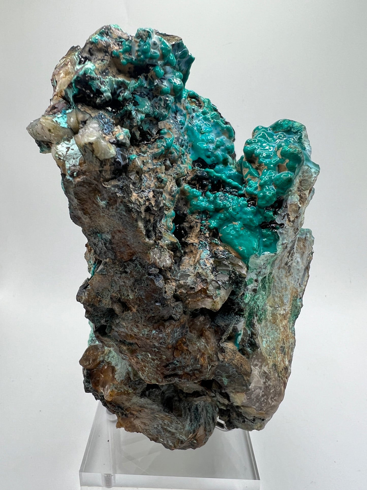Silica Chrysocolla Specimen. Very Rare Display Crystal. High Quality Botryoidal Bubblegum Chrysocolla, Malachite, And Heterogenite.