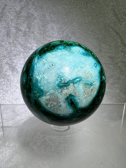 Malachite And Druzy Chrysocolla Sphere. 65mm. Gorgeous Rare Collectors Piece. Amazing Patterns With Vibrant Colors.