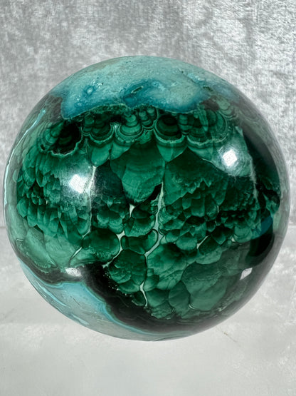 Malachite And Druzy Chrysocolla Sphere. 65mm. Gorgeous Rare Collectors Piece. Amazing Patterns With Vibrant Colors.