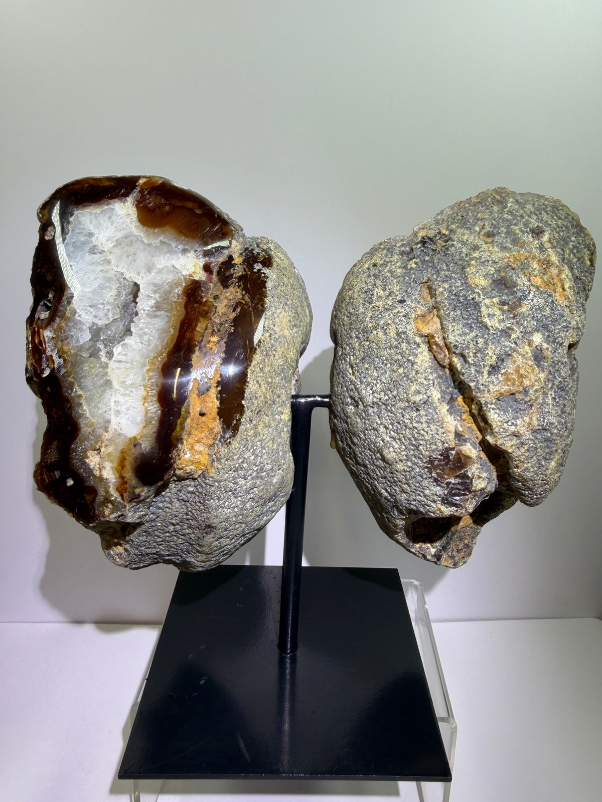 Agate Geode Wings From Brazil. Gorgeous Large Split Geode On A Custom Stand. Amazing Druzy Display Crystal