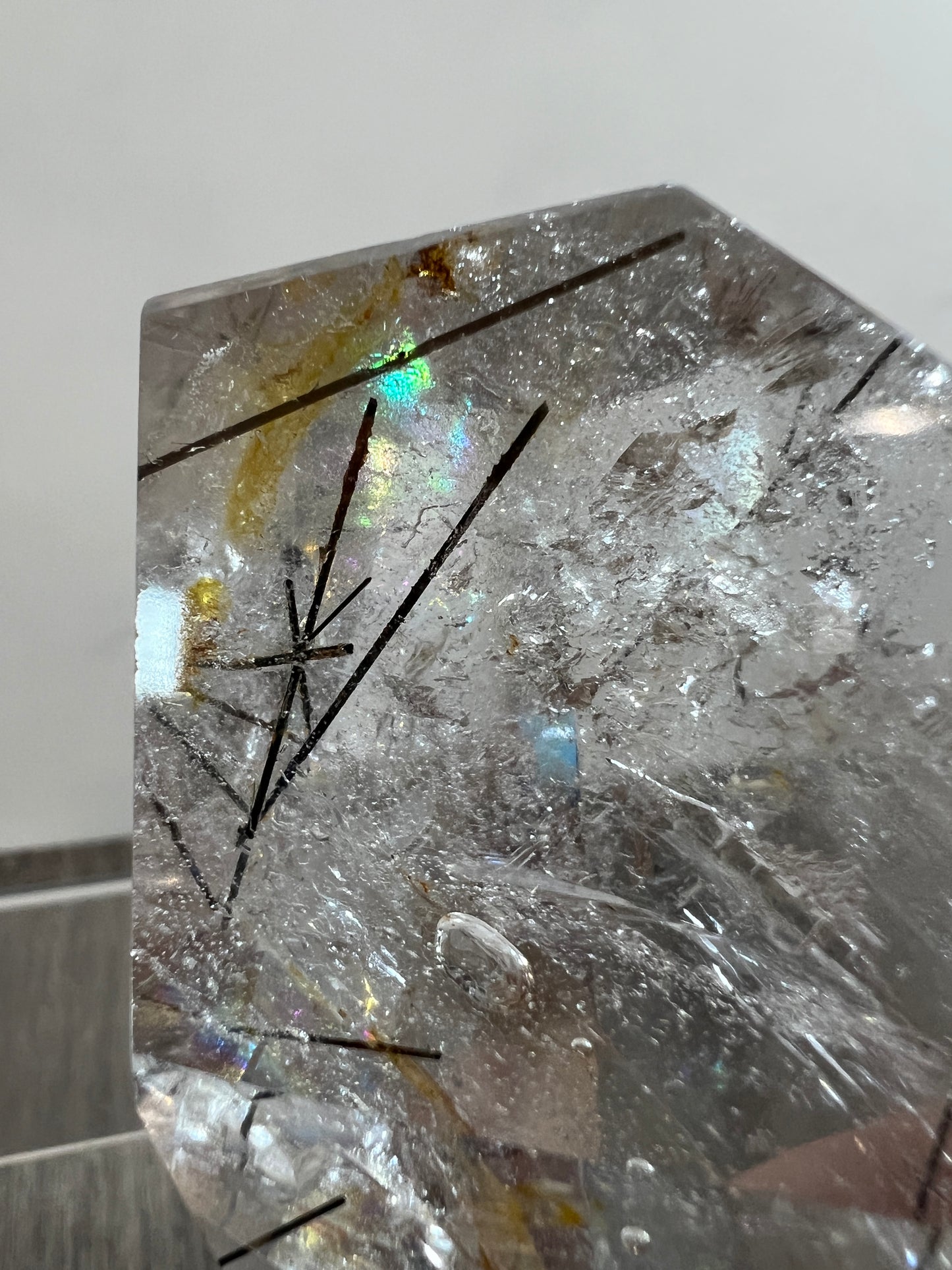 Tourmalinated Quartz Polished Freeform. Amazing Black Tourmaline, Golden Healer, And Large Rainbows.