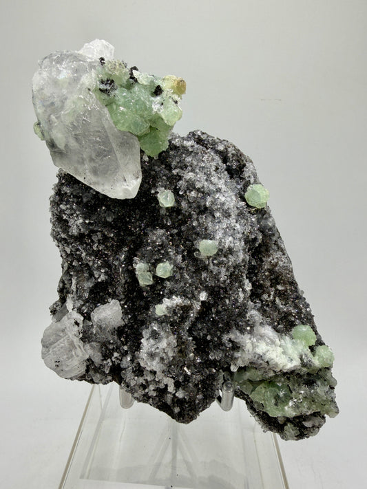Rare Babingtonite, Prehnite, And Calcite Cluster. High Quality Mineral Specimen From Sichuan Province China. Amazing Rare Display Crystal.
