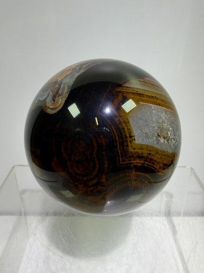 Silk Agate Sphere. 66mm. Druzy Banded Agate From Madagascar. Stunning Colors And Patterns On This Display Sphere.