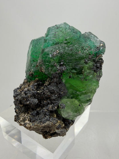 Green Fluorite And Pyrite Specimen From The Famous Milpo Mine In Peru. High Quality Rare Fluorite Specimen. Gorgeous Display Crystal
