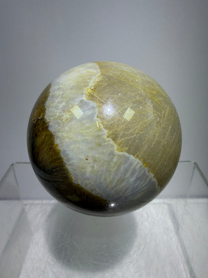Sagenite Crystal Sphere. 61mm. Incredible Sagenite Plumes With Dendritic Agate. Rare And Unique Crystal Display Sphere