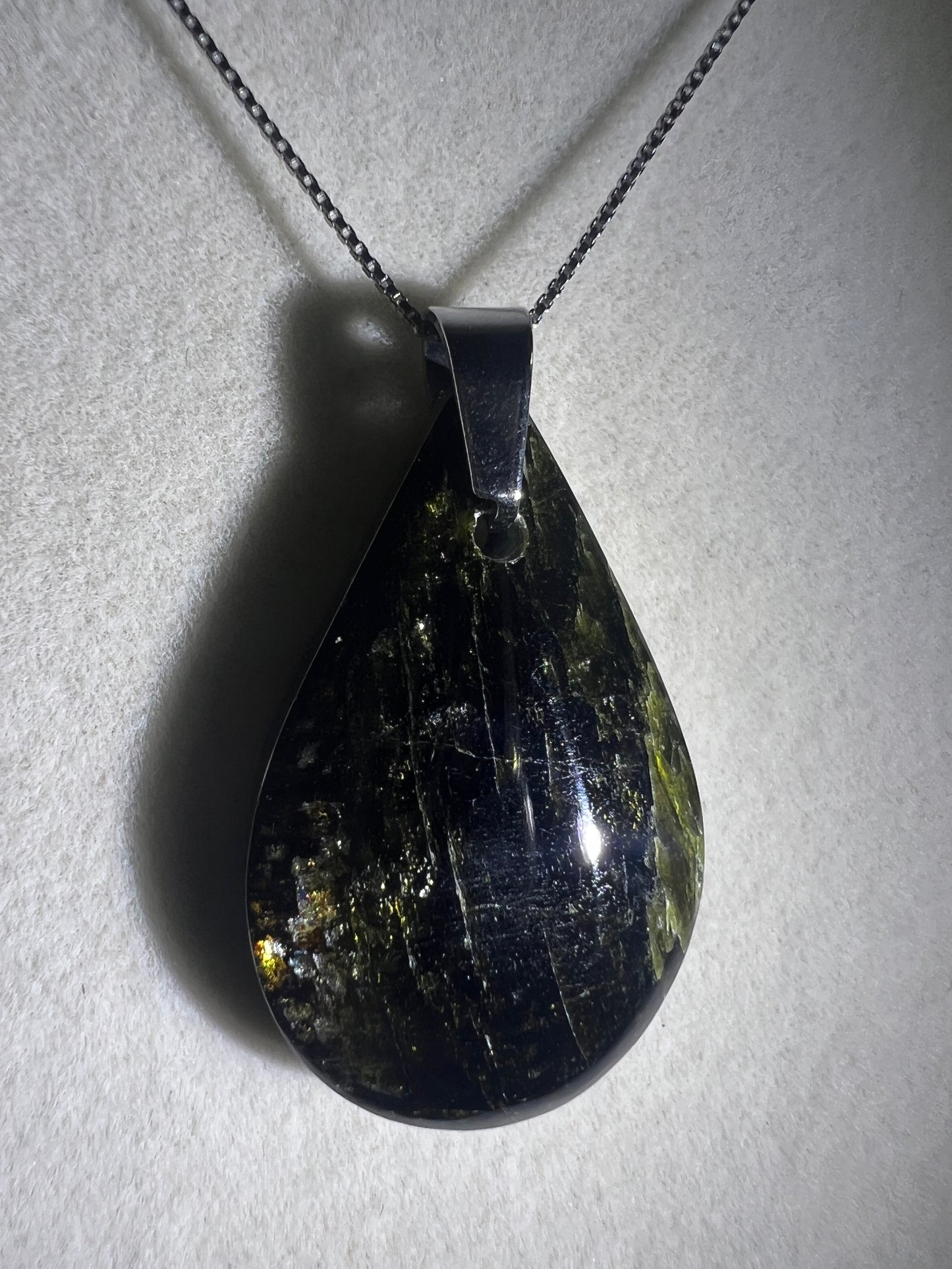 Epidote Teardrop Pendant. High Quality Gorgeous Epidote With Internal Fire From Peru. Amazing Yellow Flash. Includes S925 Silver Necklace.