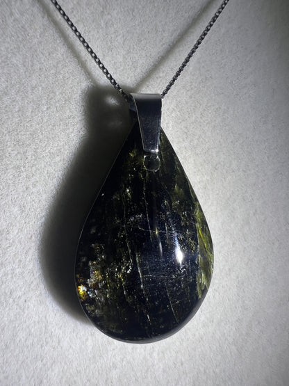 Epidote Teardrop Pendant. High Quality Gorgeous Epidote With Internal Fire From Peru. Amazing Yellow Flash. Includes S925 Silver Necklace.