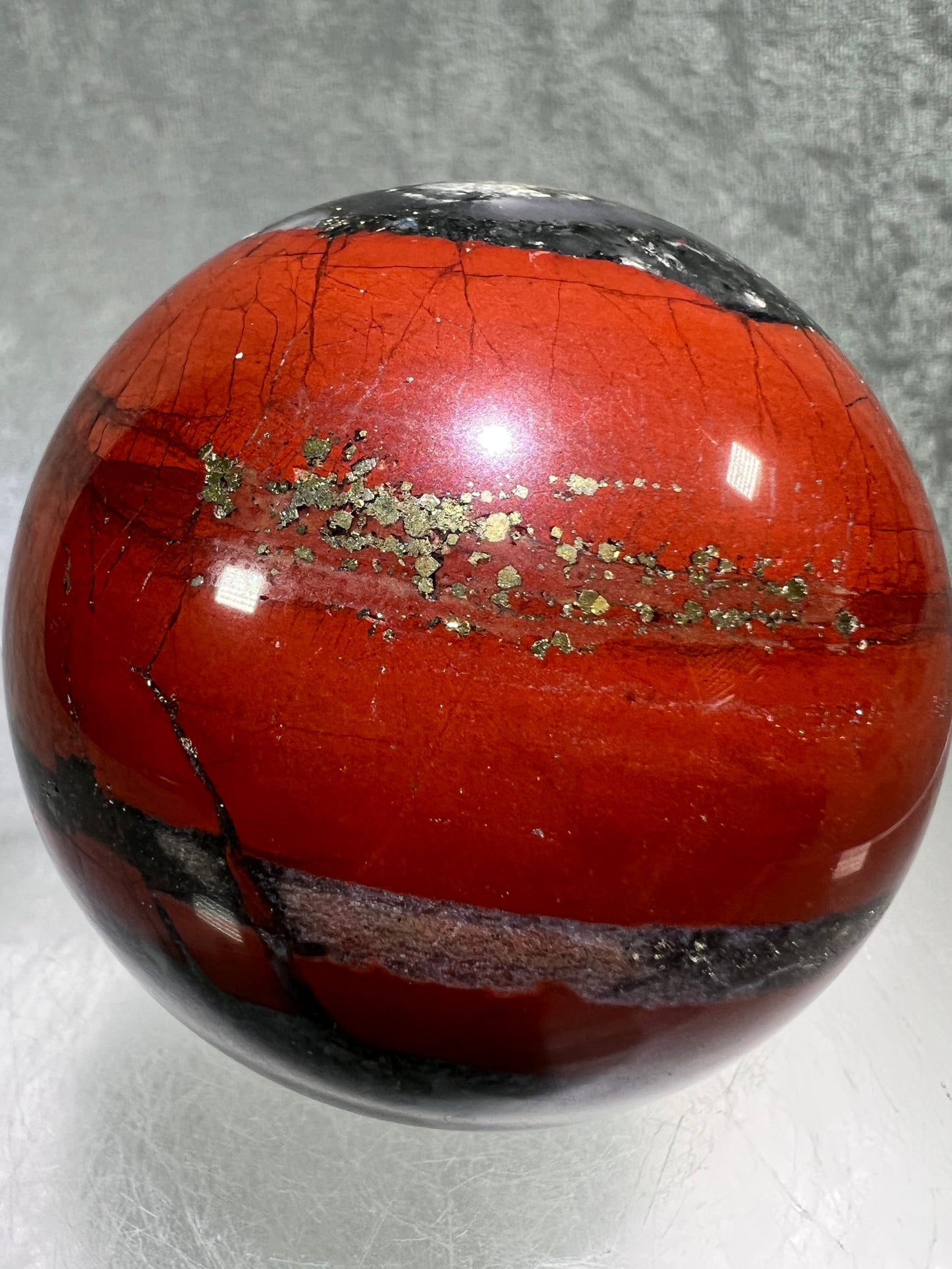 African Bloodstone Sphere From Swaziland. 63mm. Gorgeous Pyrite And Red Jasper Inclusions With Crazy Mosaic Patterns And Colors.
