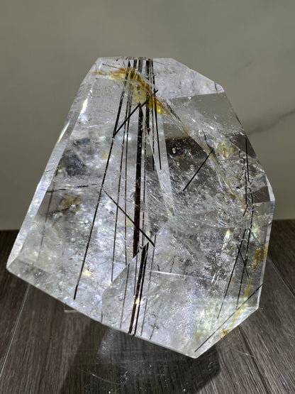 Tourmalinated Quartz Polished Freeform. Amazing Black Tourmaline, Golden Healer, And Large Rainbows.