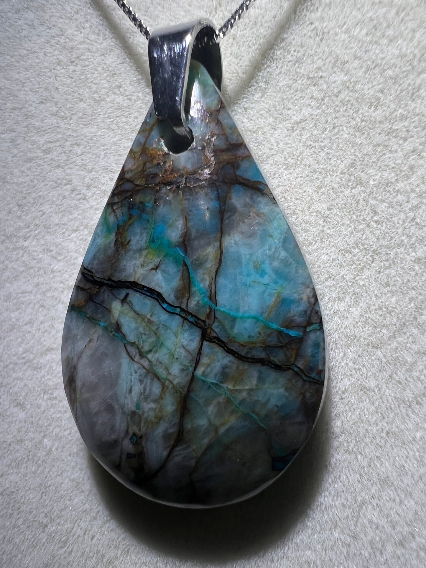 Chrysocolla Fresco Pendant. Limited And Stunning Fresco Patterns. Gorgeous High Quality Crystal. S925 Silver Necklace Included