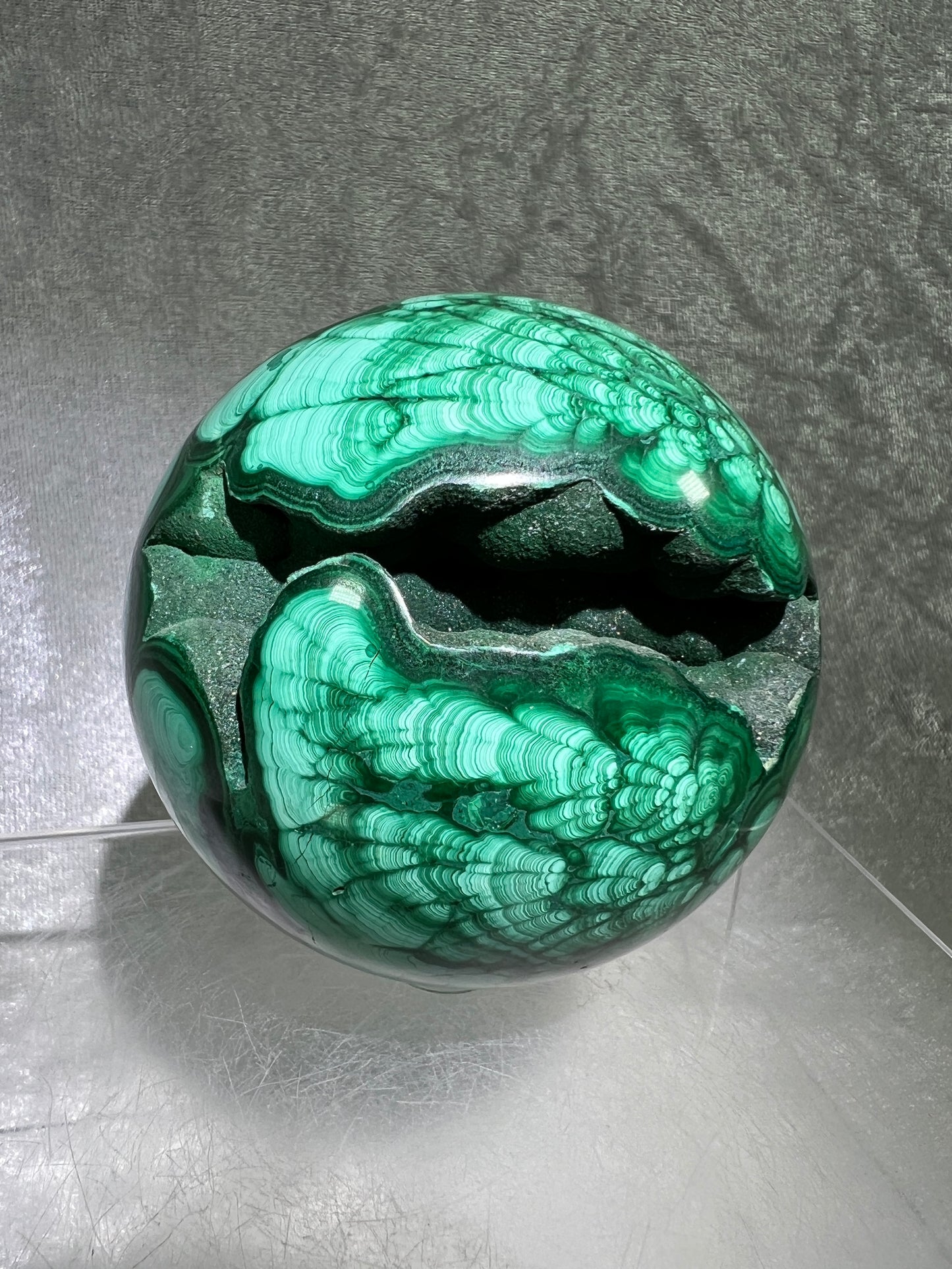 Malachite Crystal Sphere. 78mm. Incredible Large Druzy Malachite. Very High Quality Rare Display Sphere. Show Stopper!