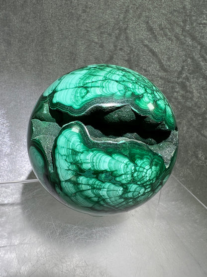 Malachite Crystal Sphere. 78mm. Incredible Large Druzy Malachite. Very High Quality Rare Display Sphere. Show Stopper!