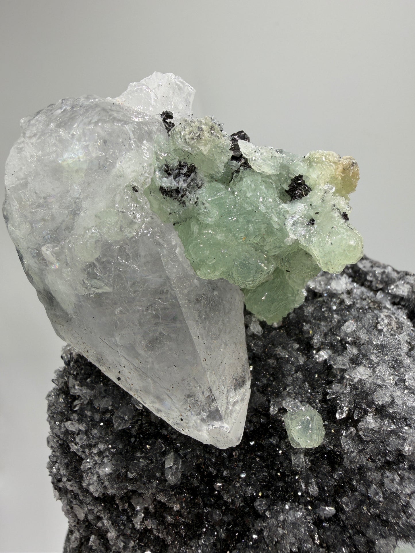 Rare Babingtonite, Prehnite, And Calcite Cluster. High Quality Mineral Specimen From Sichuan Province China. Amazing Rare Display Crystal.