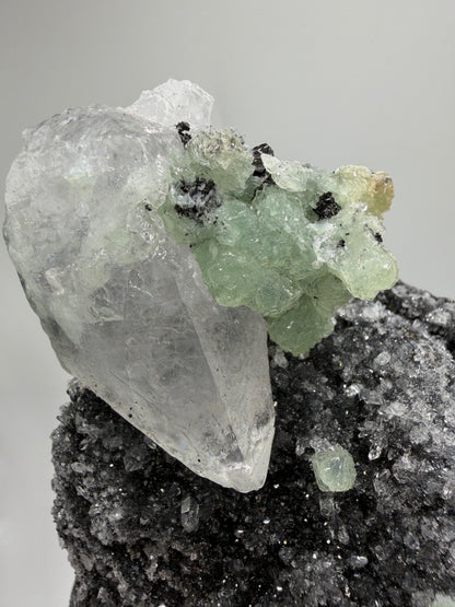 Rare Babingtonite, Prehnite, And Calcite Cluster. High Quality Mineral Specimen From Sichuan Province China. Amazing Rare Display Crystal.